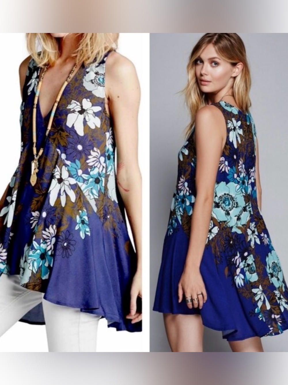Free People Blue Floral Swing Tank Tunic Dress Sz S